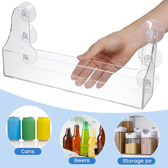 Ciieeo Suction Rack Transparent Acrylic Drink Rack for Refrigerator 13.14X5.70X2.95 Inch Suction Cup Mounted Beverage Storage Shelf Organizer for Fridge Door and Shower Wall