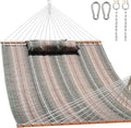 Lazy Daze 12 FT Quilted Fabric Double Hammock with Spreader Bars and Detachable Pillow 2 Person Hammock for Outdoor Patio Backyard Poolside 450 LBS Weight Capacity Mixed Green &amp Brown Stripe