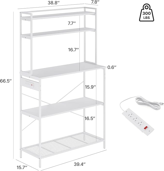 Large 5 Tier Bakers Rack with Electrical Outlets 39 Inch Microwave Stand Coffee Bar Kitchen Storage Shelf for Home Counter Space Organizer