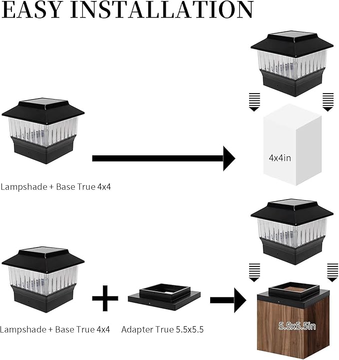 4-Pack Solar Post Cap Lights Outdoor 50 Lumen 3-Color Adjustable (3000K/4000K/6000K) Waterproof LED Lights for 4x4 &amp 5.5x5.5 Posts Black Matte Finish No Wiring Needed - Auto On/Off