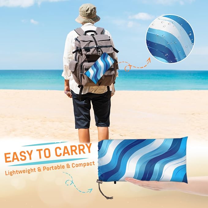 Waterproof Sandproof Beach Blanket 59''×68'' Ripple Polyester Outdoor Picnic Blanket with 4 Stakes &amp Storage Bag for BeachCampingVacation Blue