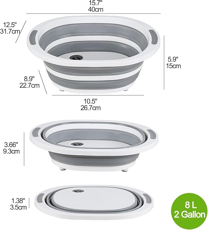 8 L Collapsible Wash Basin/Cutting Board Foldable BBQ Prep Tub Portable Sink Dish Basin with Drain