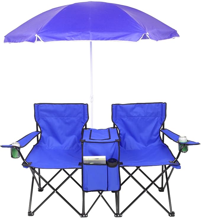 Beach Camping Chair Portable Double Folding Picnic Chairs Beach Camping Chair W/Umbrella Mini Table Beverage Holder Carrying Bag for Beach Patio Pool Park Outdoor