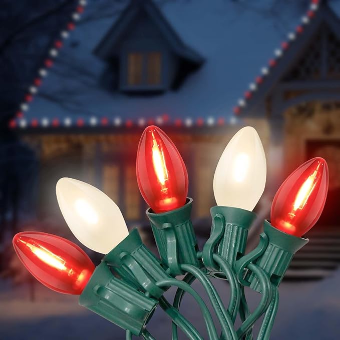 C7 LED Christmas Lights 25Ft Vintage C7 Christmas Lights with 27 LED Clear Red Frosted White Bulbs Hanging Connectable Xmas String Lights for Patio Garden Holiday Home Xmas Decor