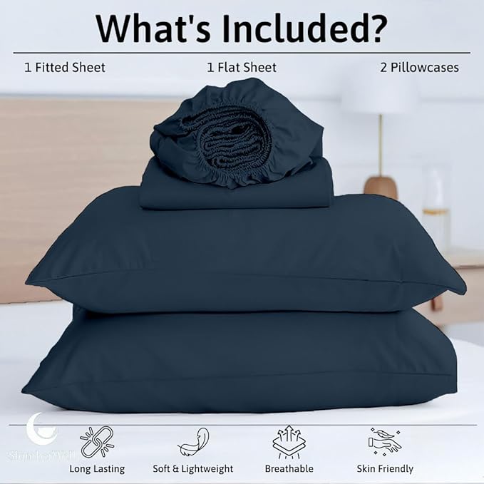 SlumberWell 4 Piece Luxury Soft Microfiber Fitted Bed Sheet Set for Campers 8 to 12 Inch Deep Pocket RV Short Queen 60 x 75 Navy Blue