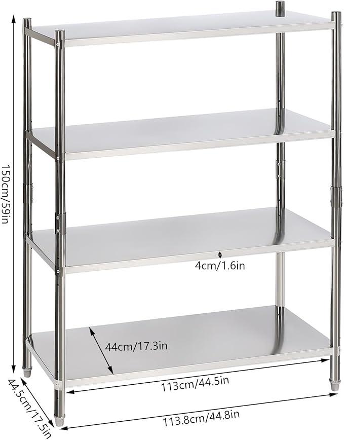 Stainless Steel Shelving 4 Tier Utility Bakers Racks Adjustable Shelf Storage Heavy Duty Shelving for Kitchen Commercial Office Garage Storage Laundry Room Organization (4-Tier 47*18.5*60in)