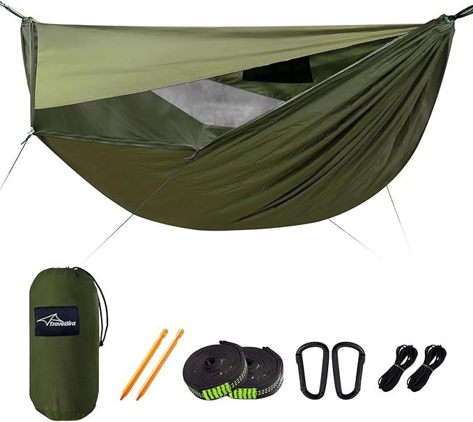 Camping Hammock with Mosquito Net and Sunshade Backpacking Hammock with Ridge Rope Tree Straps Lightweight Portable Hammocks for Outside Hiking and Travel