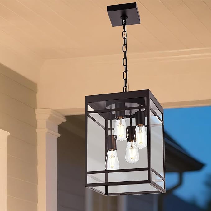 Large Outdoor Pendant Light for Porch Oil Rubbed Bronze Outdoor Hanging Light Fixture with Clear Glass Shade Exterior Linear Chandelier Hanging Lantern for Outside PatioFront Door