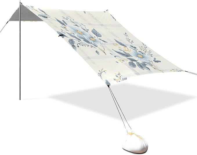 Beach Tent Sun Shelter Blue Flowers Plaid Lightweight &amp Easy Setup Beach Shade Canopy for Camping Fishing