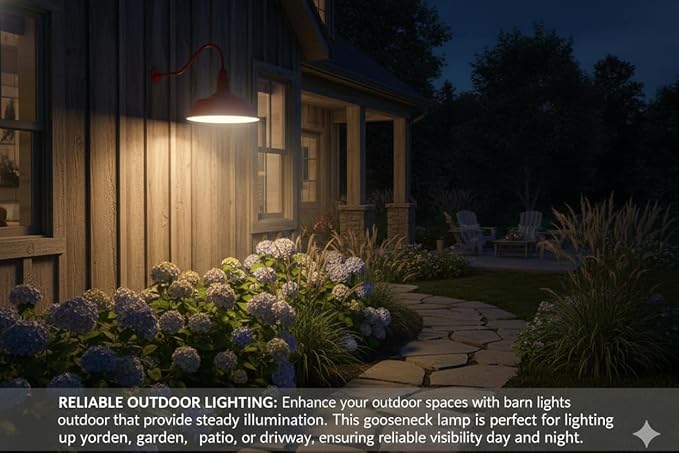 AGB101-AS20-RED Gooseneck Barn Light - Red Outdoor Dome with Incandescent Downlight | Wall-Mount Fixture for Patios Gardens Pathways and Large Outdoor Living Spaces