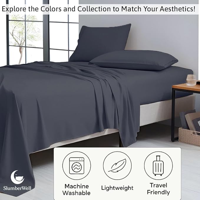 SlumberWell 4 Piece Luxury Soft Microfiber Fitted Bed Sheet Set for Campers 6 to 12 Inch Deep Pocket RV Bunk 35 x 79 Dark Grey