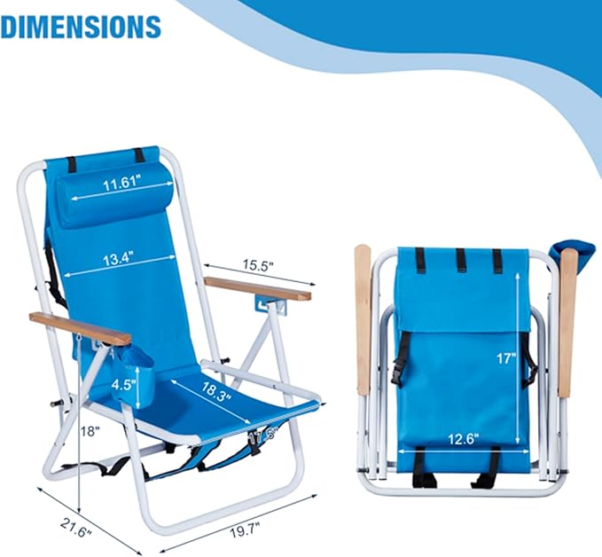 1Pcs Folding Beach Chair Set for Adults4 Position Portable Backpack Foldable Camping Chair with Headrest Cup Holder and Wooden ArmrestsAdjustable high Beach Lounge Chairs for Outdoor (1PcsBlue)
