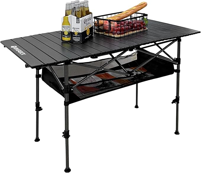 KINGROCK Camping Table Foldable Height Adjustable Aluminum Roll Up Table with Easy Carry Bag for Outdoor Camping Backyard BBQ Beach and Picnic (Black)