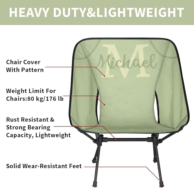 Custom Sage Green Portable Camping Chair Personalized Backpacking Chair with Name Lightweight Foldable Chairs for Hiking Beach
