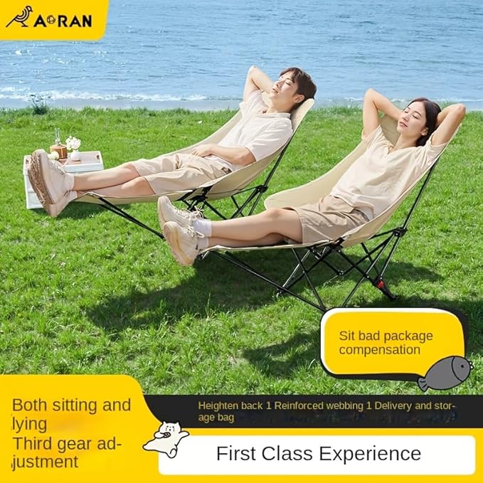 Outdoor Folding Chair Convertible for Sitting and Lying with Footrest Khaki Two-Piece Set 140kg Load Capacity No Assembly Required One-Second Open/Close Portable and Easy to Store