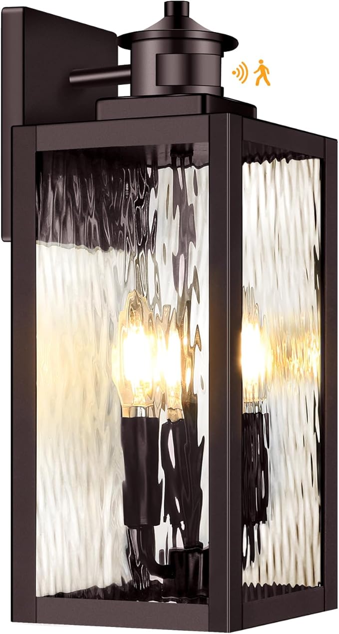 3-Light Motion Sensor Outdoor Wall Light Waterproof Exterior Wall Sconce Light Fixture with Water-Rippled Glass Dusk to Dawn Brown Outside Wall Lantern for House Porch PatioBulbs Not Included