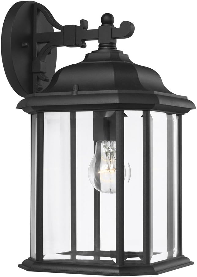 Sea Gull Lighting 84031-12 Kent One-Light Outdoor Wall Lantern with Clear Beveled Glass Panels Black Finish