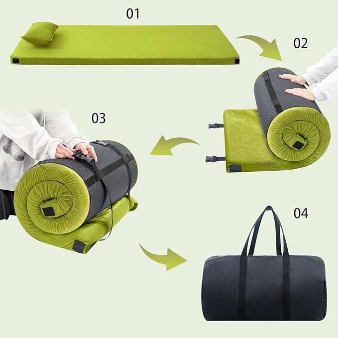 Sleeping Pad3-inch Thick Memory Foam Camping MattressPortable Roll-Up Mat for Car/Tent/Floor/Cot/TravelComfortable Pad for Guests Sleepover