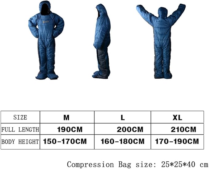 Wing Enterprises Adult Wearable Sleeping Bag Suit for Camping Standing 3 Season Full Body Sleeping Wear for Travel Outdoor HikingHuman ShapedZipper DesignL