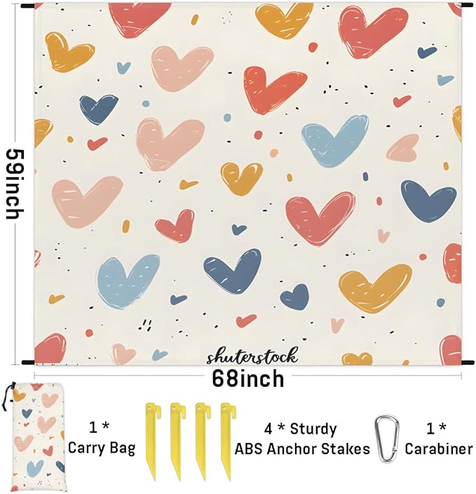 Waterproof Sandproof Beach Blanket 59''×68'' Multi-Color Heart Pattern Polyester Outdoor Picnic Blanket with 4 Stakes &amp Storage Bag for BeachCampingVacation