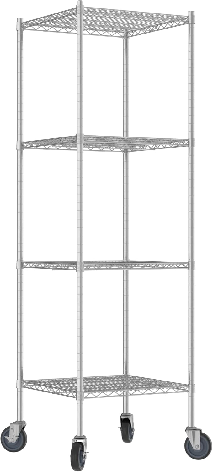 Commercial NSF Listed Chrome Mobile Wire Shelving Kit 24 x 24 x 80 with 4 Shelves Perfect for Warehouse Walk-in Refrigerator Freezer Grocery Store Restaurant Dishroom
