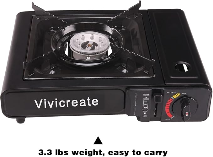 Vivicreate 8500 BTU Portable Butane Gas Stove for Camping Cooking Outdoor Lightweight Portable Stove Burner with Auto Ignition Estufa de Gas Portátil para Camping al Aire Libre(Black)