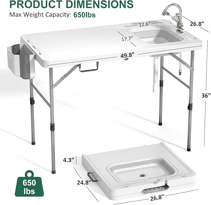 Folding Fish Cleaning Table with Sink 50x27 Bi-Folding Portable Camping Sink Station with Drain Hose Trash Can Gloves and Cleaning Kits Foldable Outdoor Sink for Camping Fishing BBQ