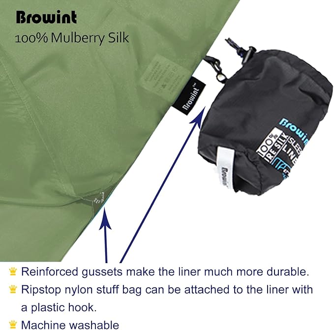 Browint Silk Sleeping Bag Liner Silk Sleep Sack Extra Wide 87x43 Lightweight Travel Sheet for Hotels More Colors for Option Reinforced Gussets