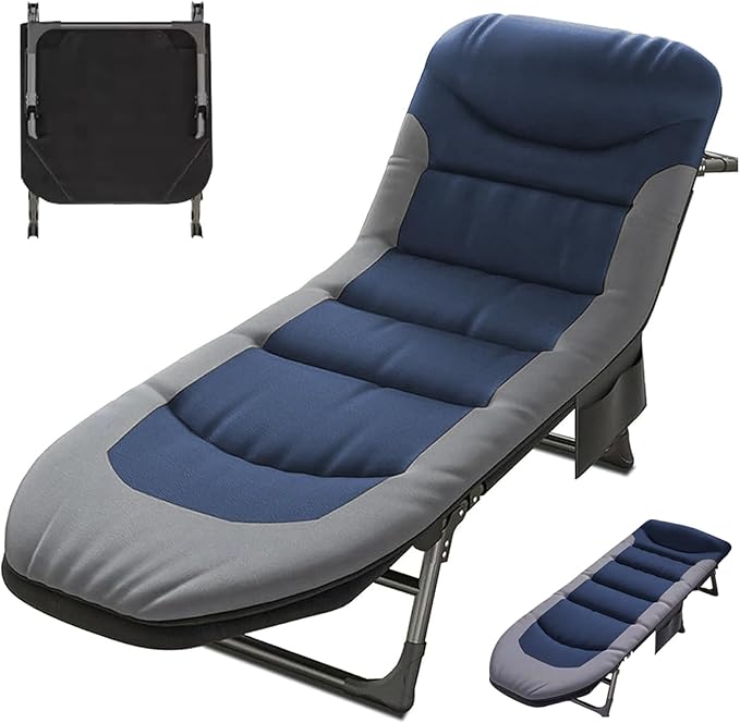 Portable Cot for Camping Adult Folding Camping Cot with Thick Mattress Pillow Adjustable Cots for Sleeping with Pad 26 Wide Outdoor Lounge Chair for Home Office Nap Beach Travel Hiking (Blue)