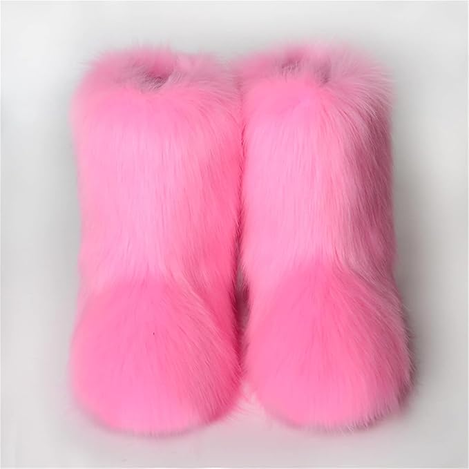 Womens Furry Faux Fur Booties Winter Warm Snow Ankle Boots Fuzzy Fluffy Furry Mid Calf Boots Outdoor Comfy Flat Shoes