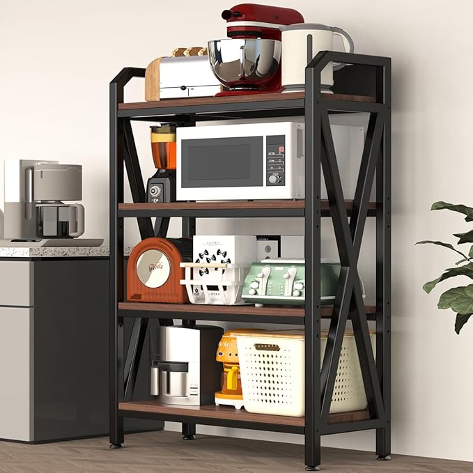 4-Tier Bakers Rack 56 Kitchen Storage Shelf Metal &amp Wood Open Shelving Unit for Pantry Garage Bathroom Living Room - Adjustable Freestanding Organizer Black Brown