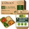 Dtocs Compartment Plates Disposable (40 Pcs) 4 Portions | Bamboo Fiber Heavy Duty Sectional Lunch Trays for Camping Catering Buffet Dinner | Microwavable Leak-Proof Multipurpose Divided Plates