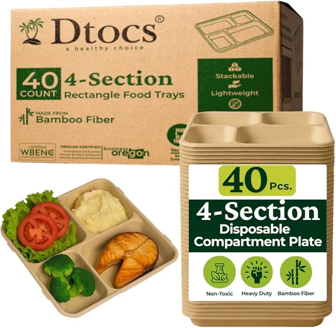 Dtocs Compartment Plates Disposable (40 Pcs) 4 Portions | Bamboo Fiber Heavy Duty Sectional Lunch Trays for Camping Catering Buffet Dinner | Microwavable Leak-Proof Multipurpose Divided Plates