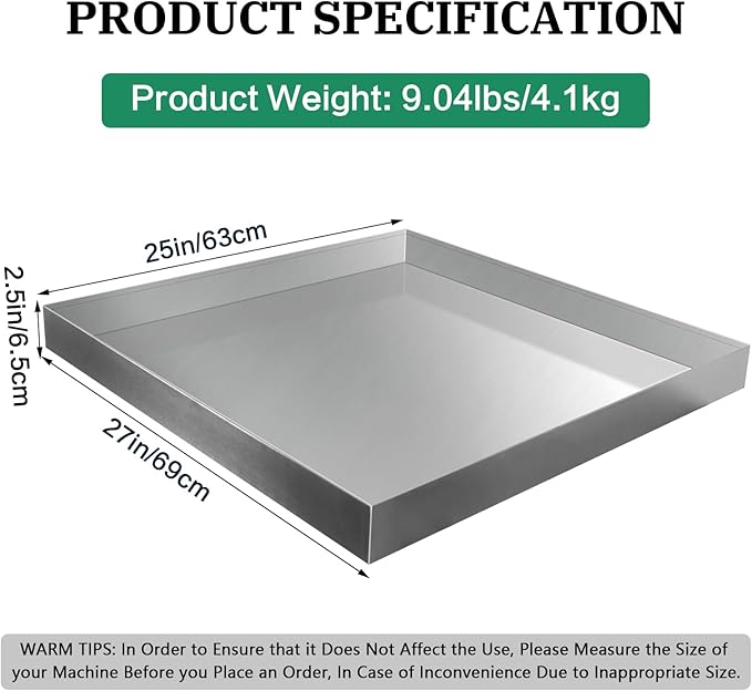 Washing Machine Pan Heavy Duty 27x25 Inch Washer Drain Pan 304 Stainless Steel Washing Machine Tray for Floor Protection Leak Proof Washer Pan Tray (27X25X2.5)