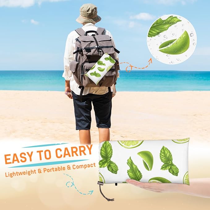 Waterproof Sandproof Beach Blanket 59''×68'' Mint Lemon Polyester Outdoor Picnic Blanket with 4 Stakes &amp Storage Bag for BeachCampingVacation White