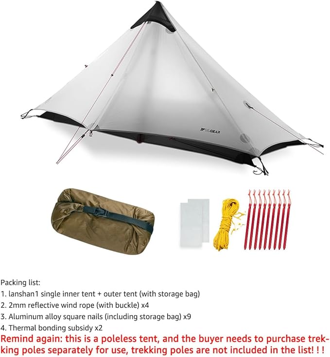 3F UL Gear Lanshan1 Ultralight Tent 3/4 Season Portable Backpacking Tent for 1-Person 15D Silicon Coated Waterproof Poleless Double Layer Tent for Camping Climbing Hiking