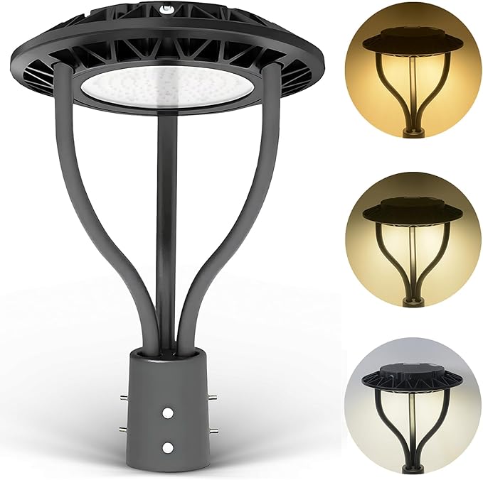 LED Post Top Light with Dusk to Dawn Photocell 20W/30W/40W/60W Wattage Selectable 3000K/4000K/5000K CCT Tunable LED Post Top Outdoor Circular Area Pole Light for Yard Pathway IP65 DLC ETL Listed