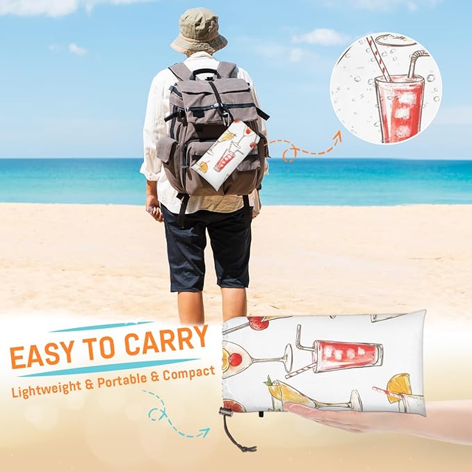 Waterproof Sandproof Beach Blanket 59''×68'' Food Fruit Juice Polyester Outdoor Picnic Blanket with 4 Stakes &amp Storage Bag for BeachCampingVacation White