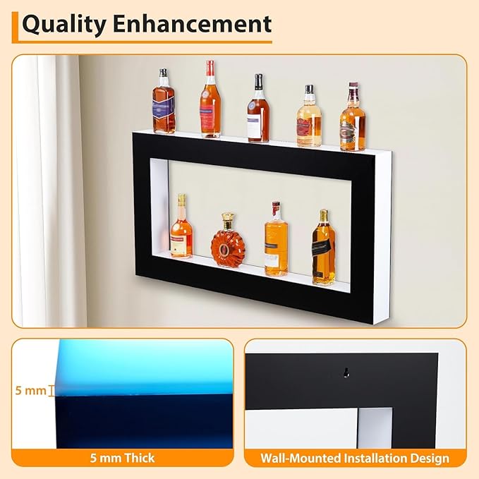 LED Lighted Bar Shelves Wall Mounted Wall Mounted Wine Rack Wine Bottle Holder 2-Tier 48 Inch Acrylic Whiskey Rack with Remote &amp App Control USB Powered for Home Bar &amp Commercial Use