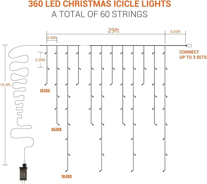 Brizled Blue Icicle Lights 29ft 360 LED Christmas Icicle Lights with Remote 8 Modes Christmas Roof Light with 60 Drops Connectable Xmas Eave Light Outdoor Drop Lighting for Xmas Wedding Holiday