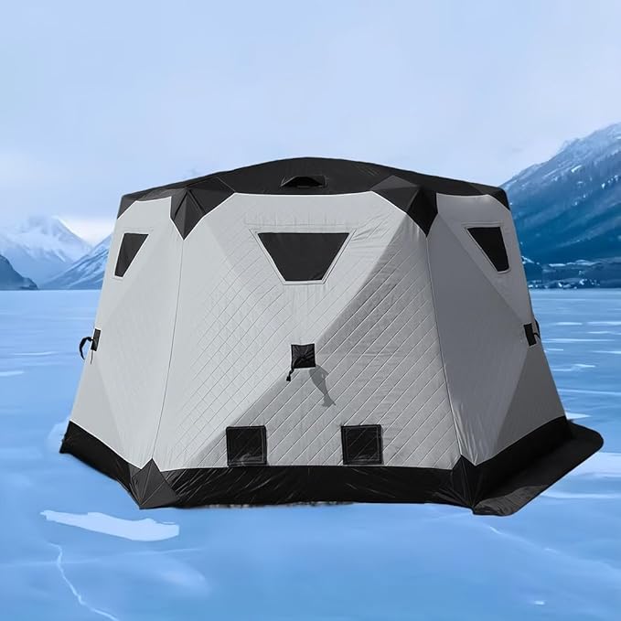 8-12Person Ice Fishing Tent with Stove Jack and Floor Portable ICES Fishings Shelter 420D Insulated Layer Oxford Cloth Hexagon Shanty Pop-Up Fish Tent for Winter Camping Fishing