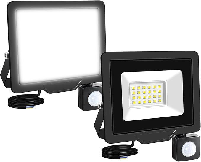 20W Motion Sensor Flood Light Outdoor 2000 LM Outdoor LED Spotlight IP66 Waterproof 6000K Daylight Security Lights for Garden Garage Yard Sports Ground （2 Pack） 110V