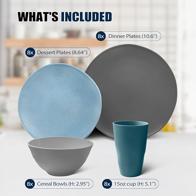 Teivio 32-Piece Kitchen Plastic Wheat Straw Dinnerware Sets Service for 8 Dinner Plates Dessert Plate Cereal BowlsCups Unbreakable Plastic Colorful Outdoor Camping Dishes Irregular Oecan