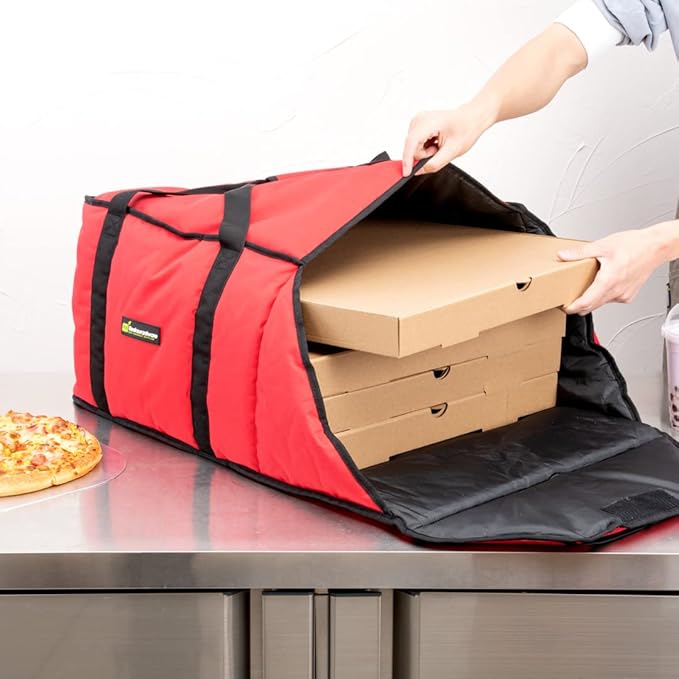 Delivery Tek 16.5 x 18 x 6.5 Inch Insulated Pizza Bag 1 Durable Delivery Bag - Holds (2) 16 or (3) 14 Pizza Boxes Red Polyester Cater Bag Extra-Large Flap Machine Washable