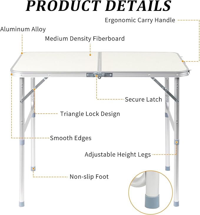 3FT Folding Camping Table with Adjustable Height Legs Indoor Outdoor Lightweight Portable Aluminum Dining Pinic Table (White)