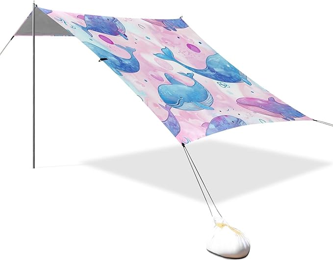 Pink and Blue Whales Beach Tent Sun Shelter 9.2' x 10.5' Beach Canopy with 4 Sandbags 4 Stability Poles Sand Shovels - Tent Canopy for Beach Camping Fishing Picnics