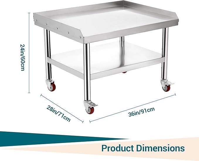 Stainless Steel Table 36x28 Inch Commercial Work Table with Wheels 1000 lbs Capacity Adjustable Shelf Heavy-Duty Equipment Grill Stand for Kitchen Restaurant BBQ