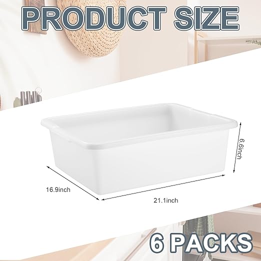 6 Pcs Commercial Bus Tubs 21.1 L x 16.9 w x 6.6 h Large Plastic Tubs Heavy Duty Wash Basin Tote Box for Restaurant Home Hotel Kitchen Organization Storage(White)