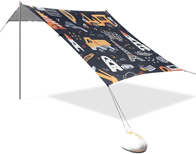 Childish Seamless Pattern with Building Equipment Cre Camping Sun Shelter Beach Tent Portable Beach Sun Shade Outdoor Canopy for Camping Trips Fishing Picnic
