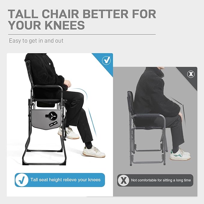 EVER ADVANCED Portable 30.7 Seat Height Tall Folding Camping Chair Directors Chair High Foldable Bar Stool with Side Table for Makeup Artist Sports Event Craft Show Textilene Mesh Supports 350LBS